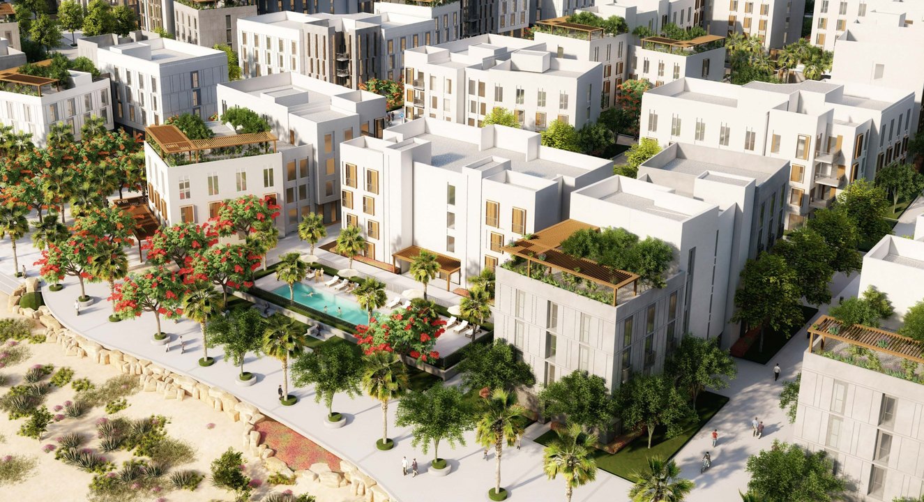 Aerial view of the Amaala Staff Village courtyards and pool