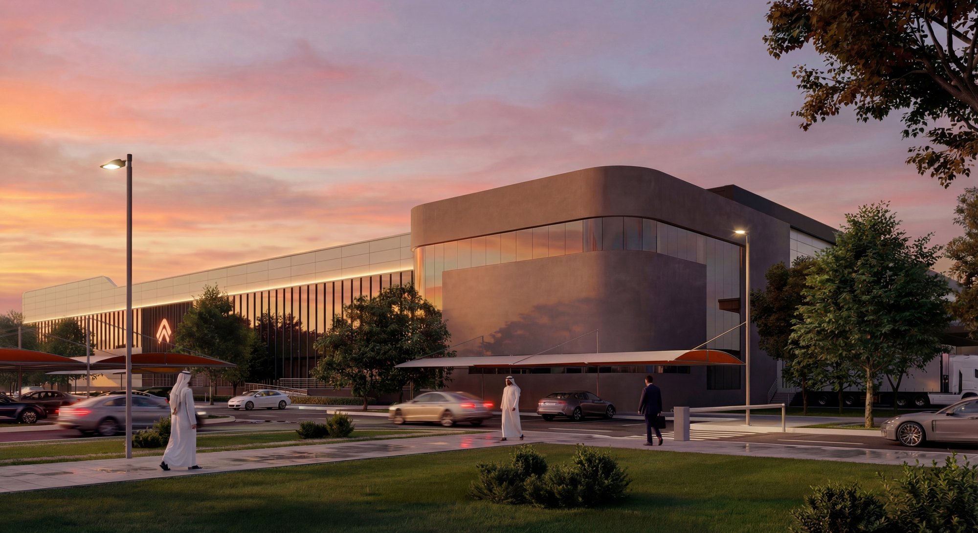 ASMO SPARK warehouse and office building at dusk