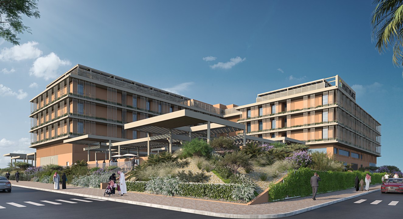 The Hyatt Place Hotel AlUla seen across the desert landscape