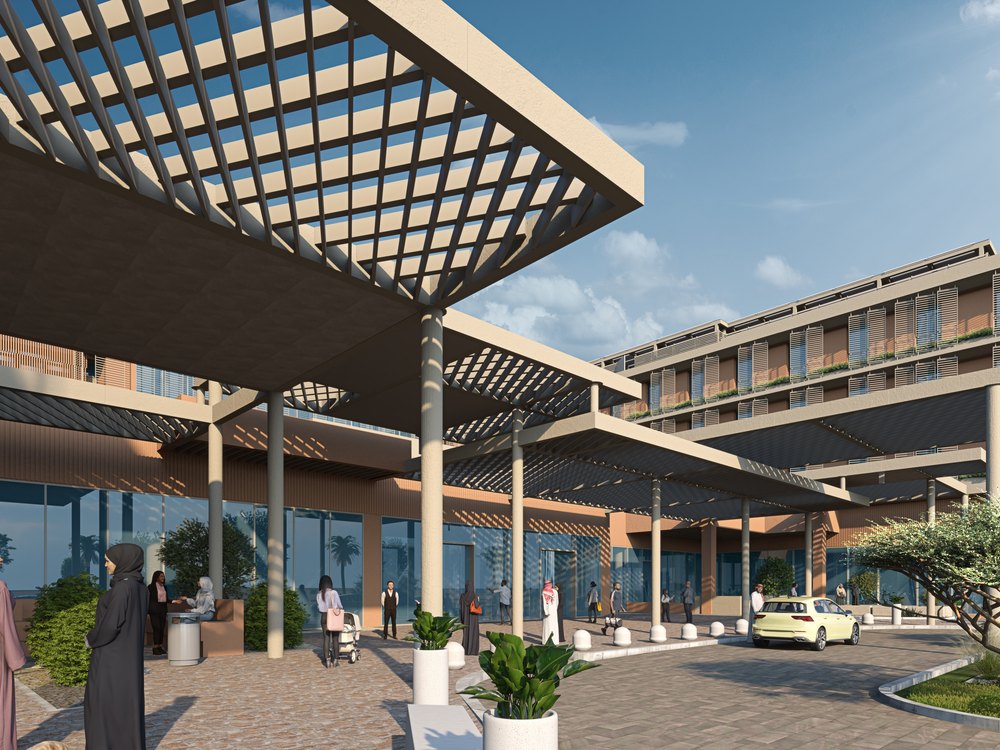 Shaded entrance canopy at the Hyatt Place Hotel AlUla