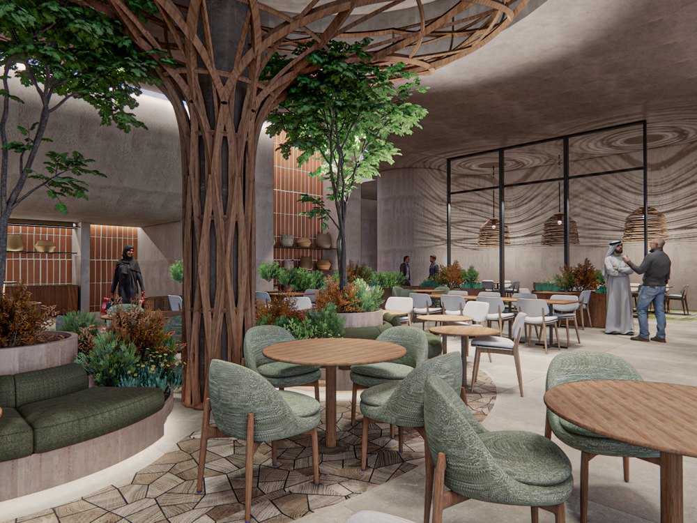 Interior dining space with planting at the Hyatt Place Hotel AlUla