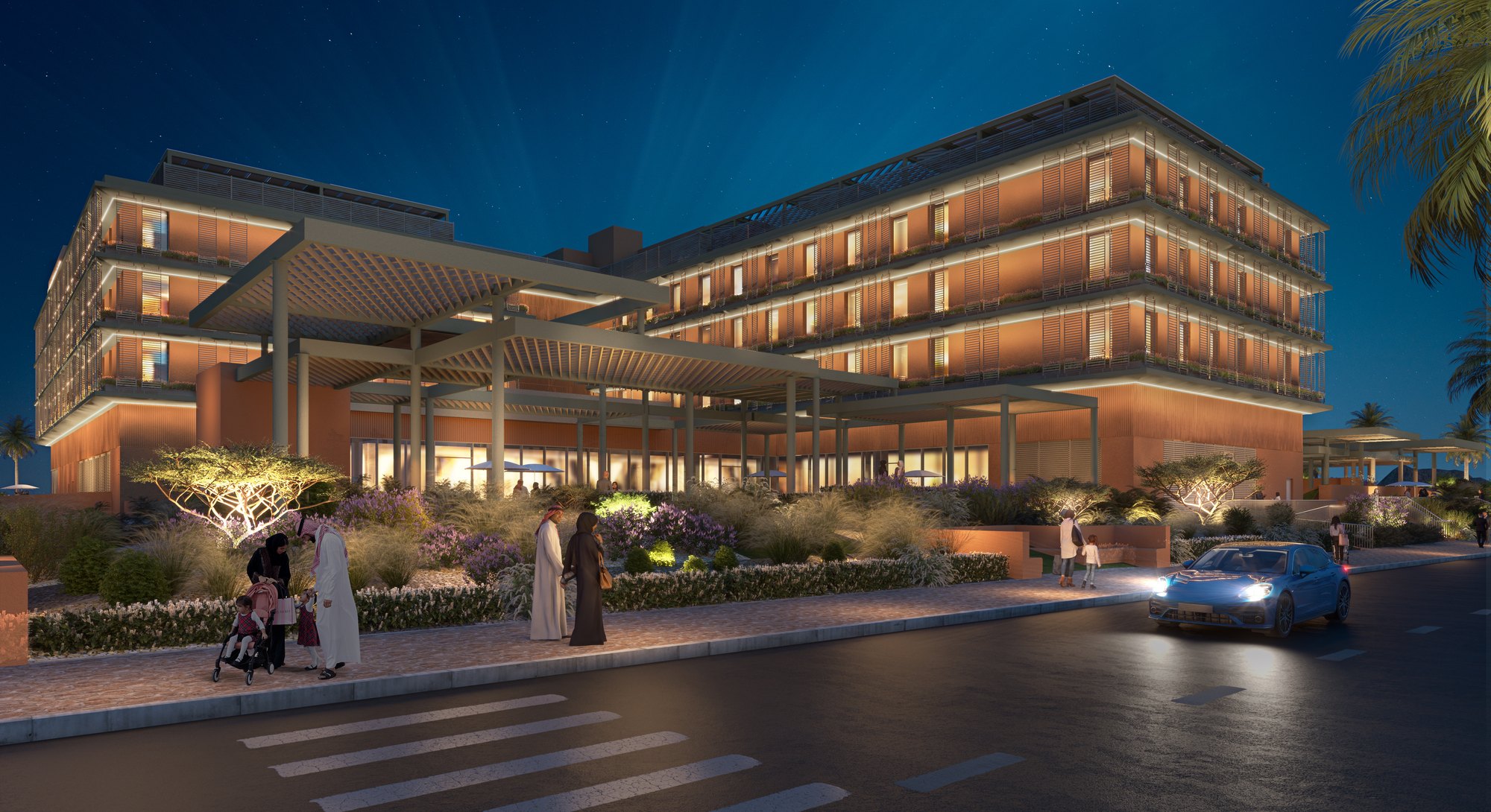 The Hyatt Place Hotel AlUla illuminated at night