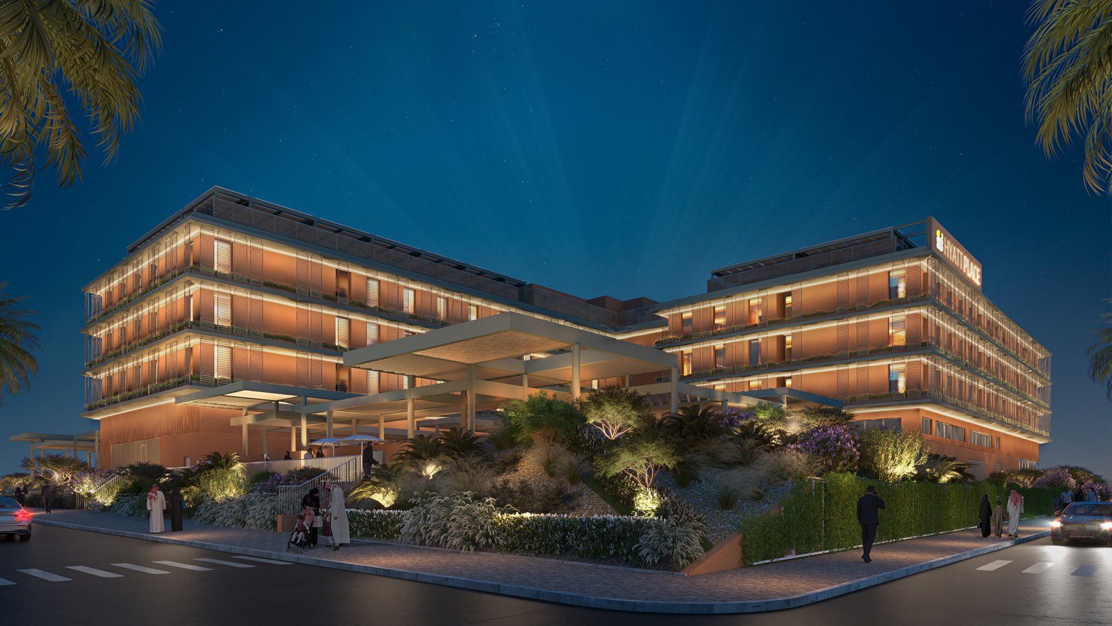 Hyatt Place Hotel AlUla illuminated at night