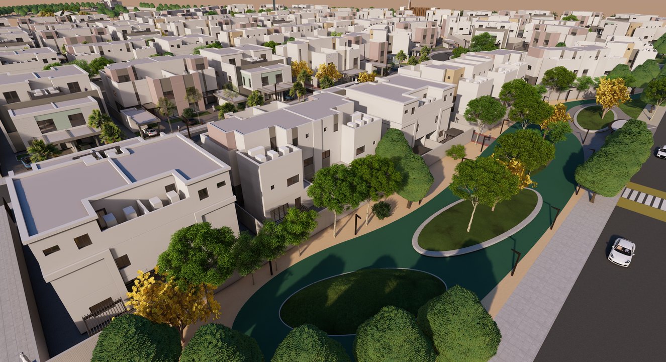Aerial view of the KFUPM Smart Villas masterplan and landscaped park