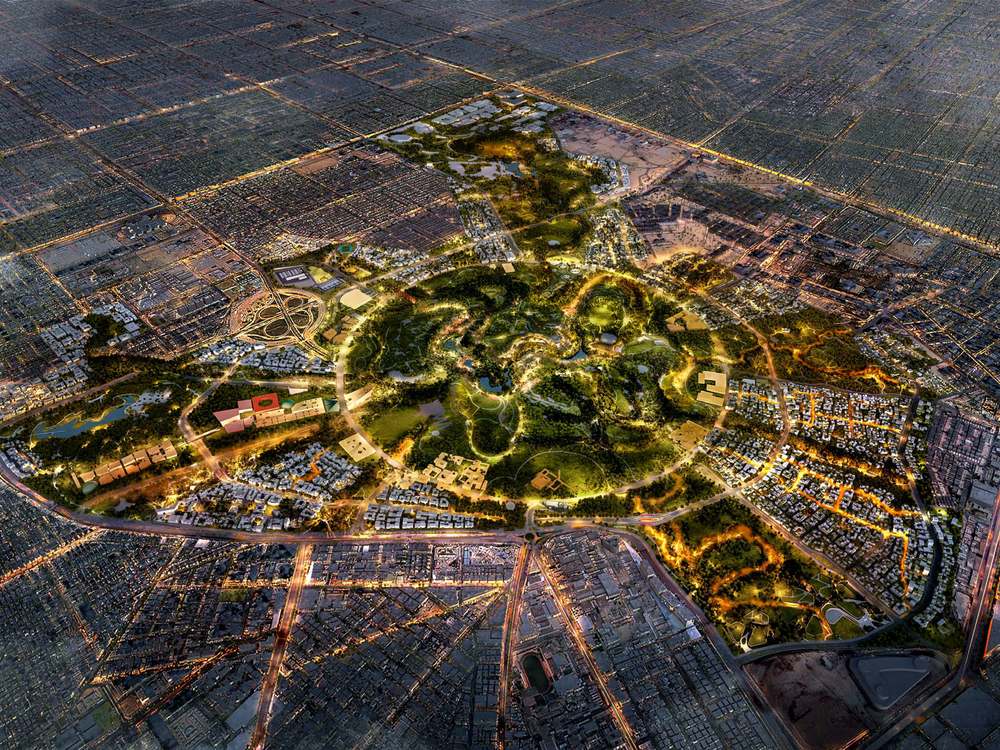 Aerial view of King Salman Park illuminated at night