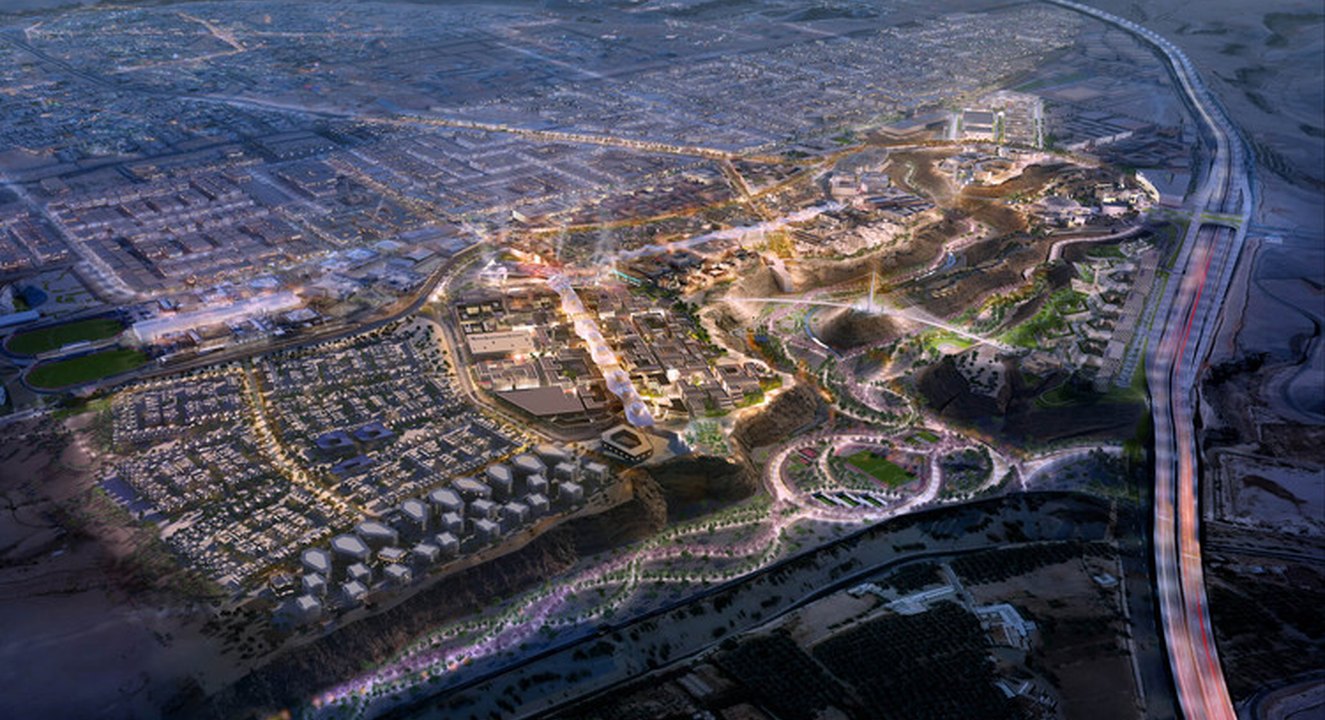 Aerial view of the Misk City district in Riyadh at dusk