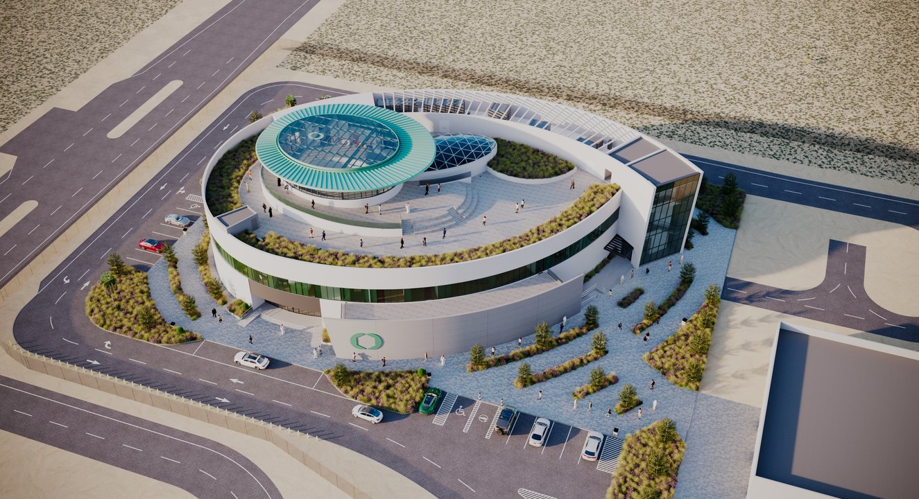 Aerial view of the NGHC Visitor Centre showing its concentric oval form