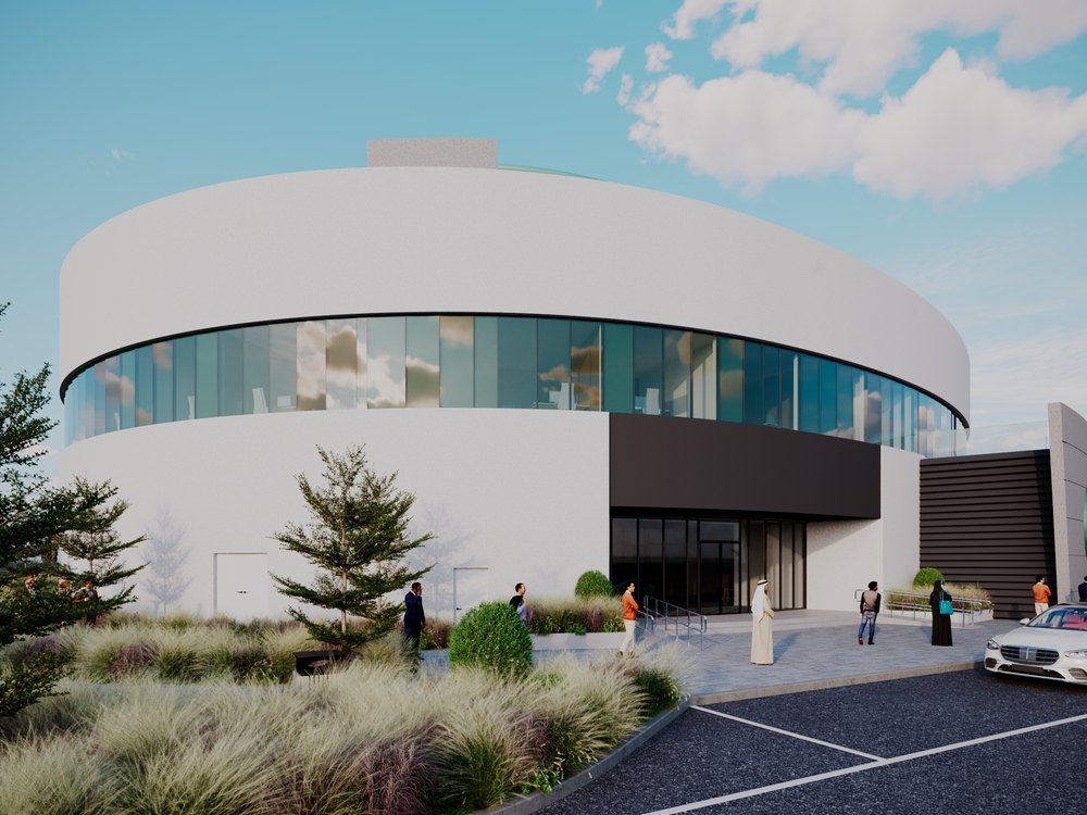 Entrance approach to the NGHC Visitor Centre at Oxagon, NEOM