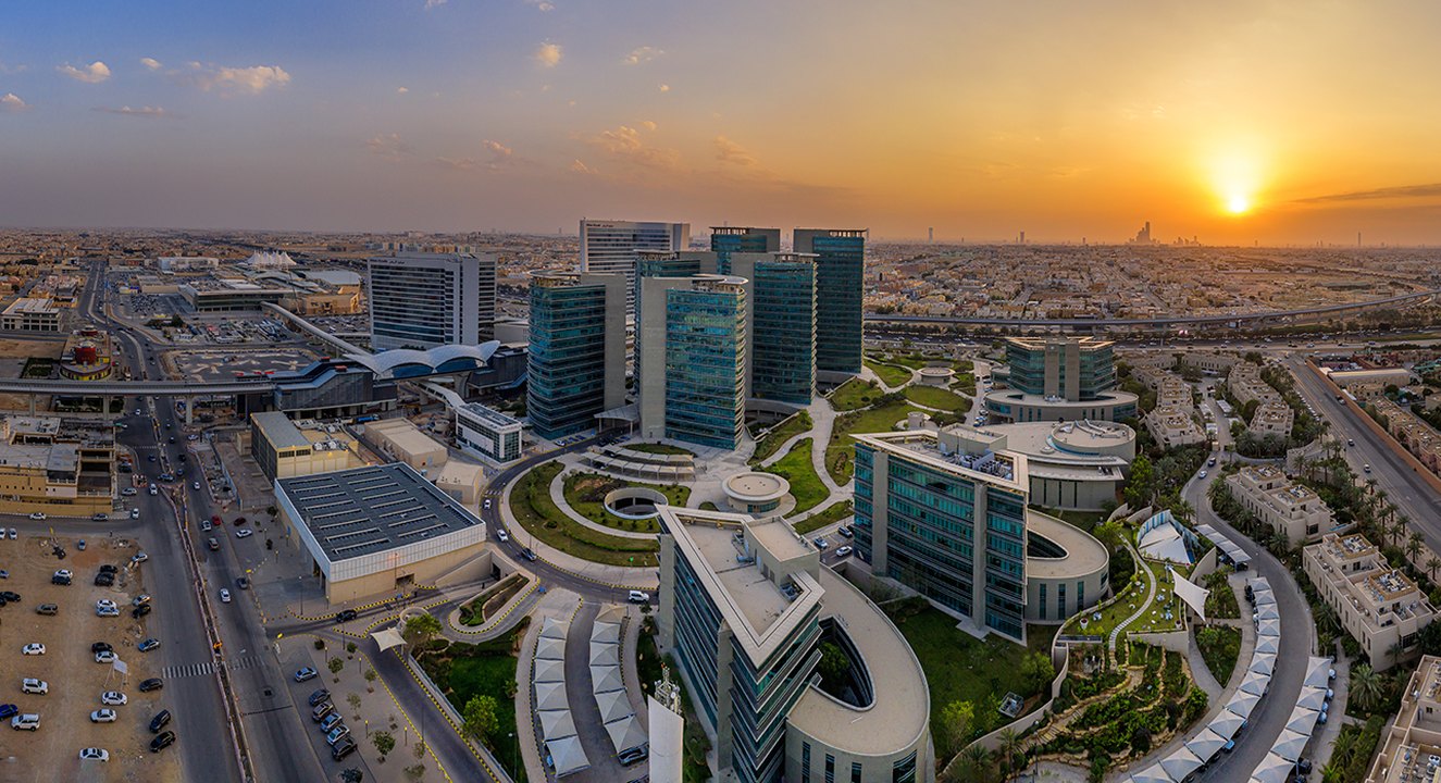 Aerial view over Granada Business Park at sunset, Riyadh