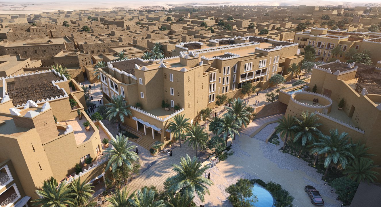 Aerial view of the Raffles Hotel and Branded Residences at Diriyah South 1