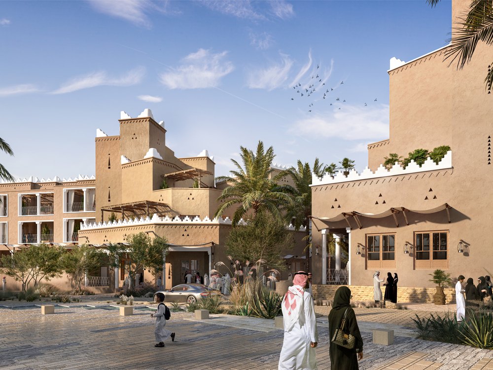 Street level view within the Raffles Hotel development at Diriyah