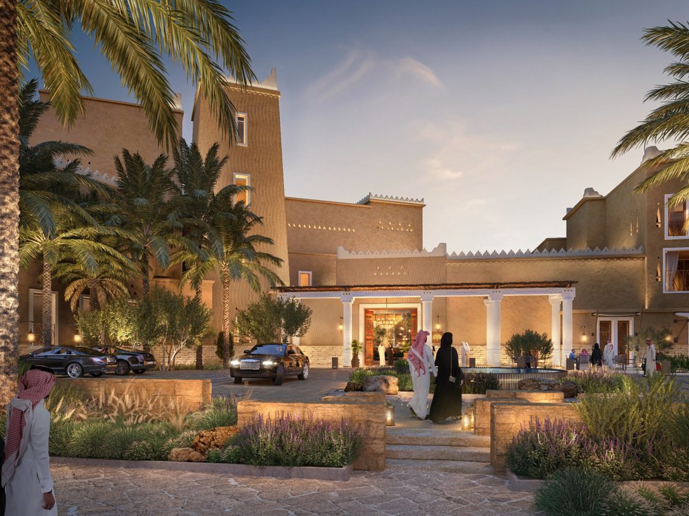 Hotel entrance at dusk, Raffles Hotel Diriyah