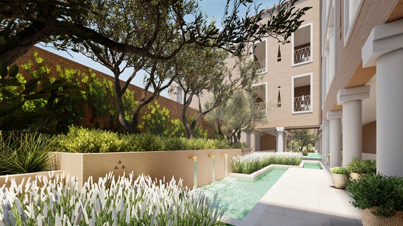 Pool and garden terrace at the Raffles Hotel Diriyah